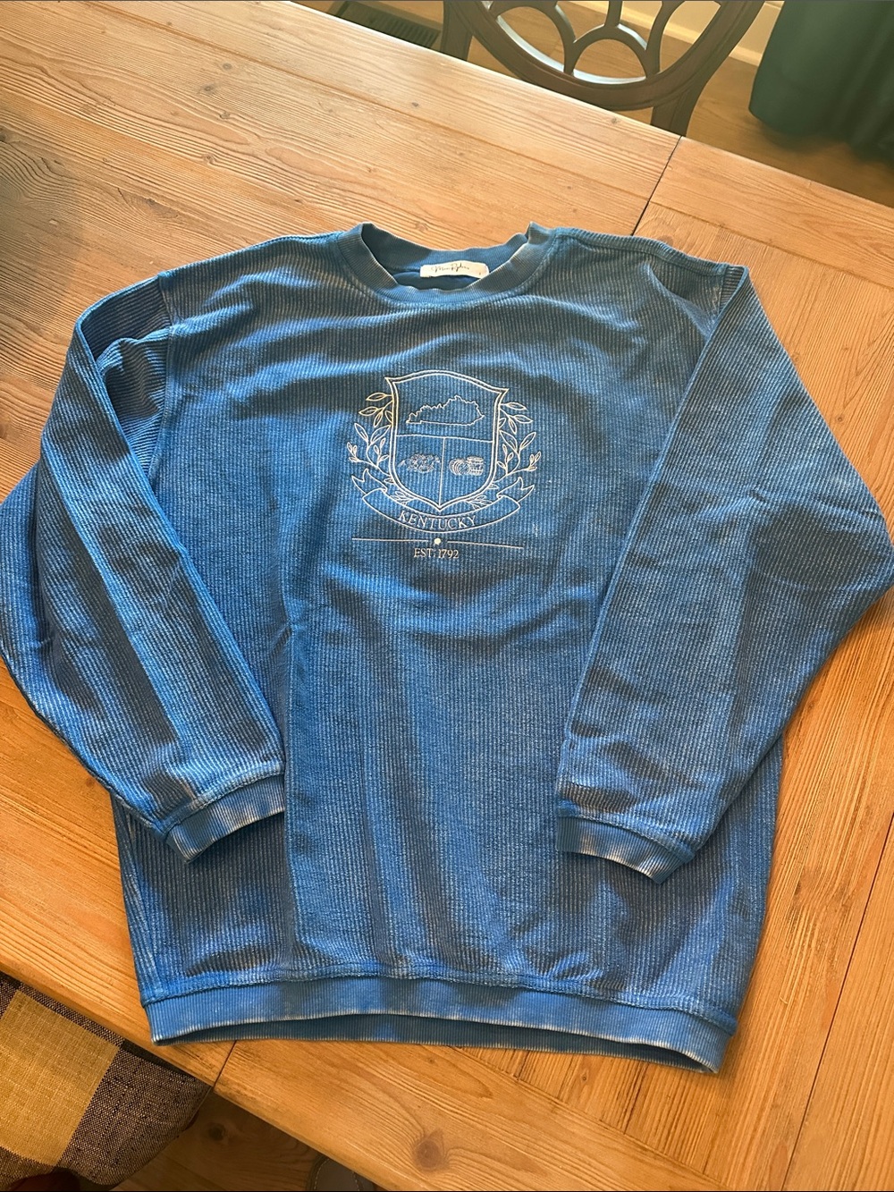 Women's Blue Waffle-Knit Crew Sweatshirt with Crest